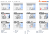Kalender 2030 mit Ferien und Feiertagen Bosnien und Herzegowina