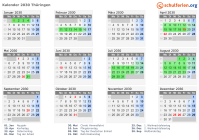 Kalender 2030 mit Ferien und Feiertagen Thüringen