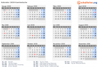 Kalender 2030 mit Ferien und Feiertagen Kambodscha