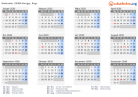 Kalender 2030 mit Ferien und Feiertagen Kongo, Rep.
