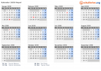 Kalender 2030 mit Ferien und Feiertagen Nepal
