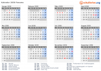Kalender 2030 mit Ferien und Feiertagen Panama