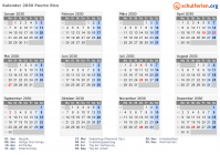 Kalender 2030 mit Ferien und Feiertagen Puerto Rico