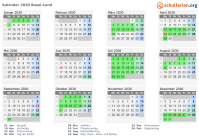 Kalender 2030 mit Ferien und Feiertagen Basel-Land
