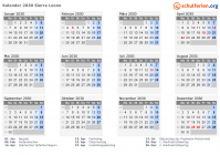 Kalender 2030 mit Ferien und Feiertagen Sierra Leone