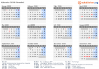 Kalender 2030 mit Ferien und Feiertagen Slowakei