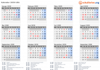 Kalender 2030 mit Ferien und Feiertagen USA