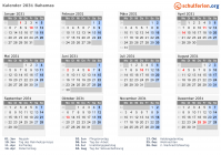 Kalender 2031 mit Ferien und Feiertagen Bahamas
