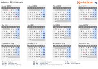 Kalender 2031 mit Ferien und Feiertagen Bahrain