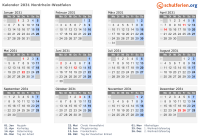 Kalender 2031 mit Ferien und Feiertagen Nordrhein-Westfalen