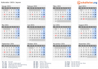 Kalender 2031 mit Ferien und Feiertagen Japan