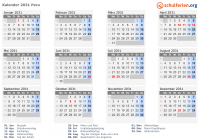 Kalender 2031 mit Ferien und Feiertagen Peru