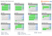 Kalender 2031 mit Ferien und Feiertagen Basel-Land