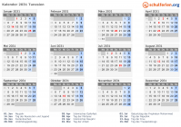 Kalender 2031 mit Ferien und Feiertagen Tunesien