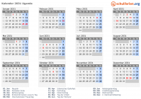Kalender 2031 mit Ferien und Feiertagen Uganda