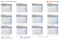 Kalender 2032 mit Ferien und Feiertagen Bangladesch