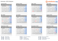 Kalender 2032 mit Ferien und Feiertagen Belgien