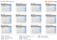 Kalender 2032 mit Ferien und Feiertagen Bulgarien