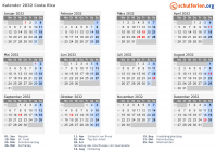 Kalender 2032 mit Ferien und Feiertagen Costa Rica
