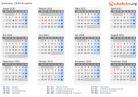 Kalender 2032 mit Ferien und Feiertagen Ecuador