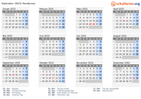 Kalender 2032 mit Ferien und Feiertagen Honduras