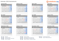 Kalender 2032 mit Ferien und Feiertagen Kambodscha