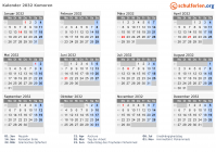 Kalender 2032 mit Ferien und Feiertagen Komoren