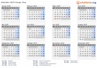 Kalender 2032 mit Ferien und Feiertagen Kongo, Rep.
