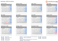 Kalender 2032 mit Ferien und Feiertagen Kroatien