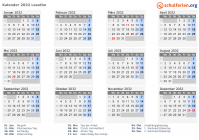 Kalender 2032 mit Ferien und Feiertagen Lesotho