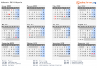 Kalender 2032 mit Ferien und Feiertagen Nigeria