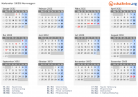 Kalender 2032 mit Ferien und Feiertagen Norwegen