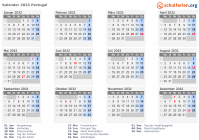 Kalender 2032 mit Ferien und Feiertagen Portugal