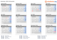 Kalender 2032 mit Ferien und Feiertagen Schweden