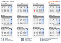 Kalender 2032 mit Ferien und Feiertagen Senegal