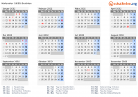 Kalender 2032 mit Ferien und Feiertagen Serbien