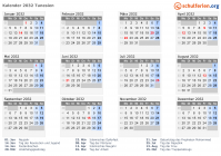 Kalender 2032 mit Ferien und Feiertagen Tunesien