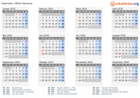 Kalender 2032 mit Ferien und Feiertagen Ukraine