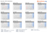 Kalender 2032 mit Ferien und Feiertagen Usbekistan