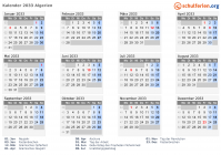 Kalender 2033 mit Ferien und Feiertagen Algerien