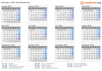 Kalender 2033 mit Ferien und Feiertagen Aserbaidschan