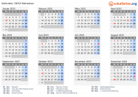 Kalender 2033 mit Ferien und Feiertagen Bahamas