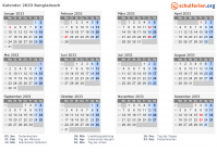 Kalender 2033 mit Ferien und Feiertagen Bangladesch