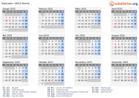 Kalender 2033 mit Ferien und Feiertagen Benin