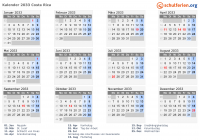 Kalender 2033 mit Ferien und Feiertagen Costa Rica