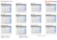Kalender 2033 mit Ferien und Feiertagen Irland