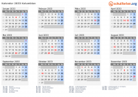 Kalender 2033 mit Ferien und Feiertagen Kolumbien
