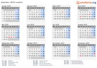 Kalender 2033 mit Ferien und Feiertagen Lesotho