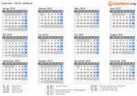 Kalender 2033 mit Ferien und Feiertagen Lettland