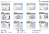 Kalender 2033 mit Ferien und Feiertagen Mexiko